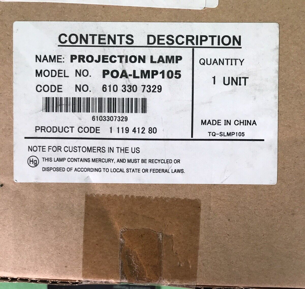 Sanyo POA-LMP105 Projection Lamp. NEW OPEN BOX