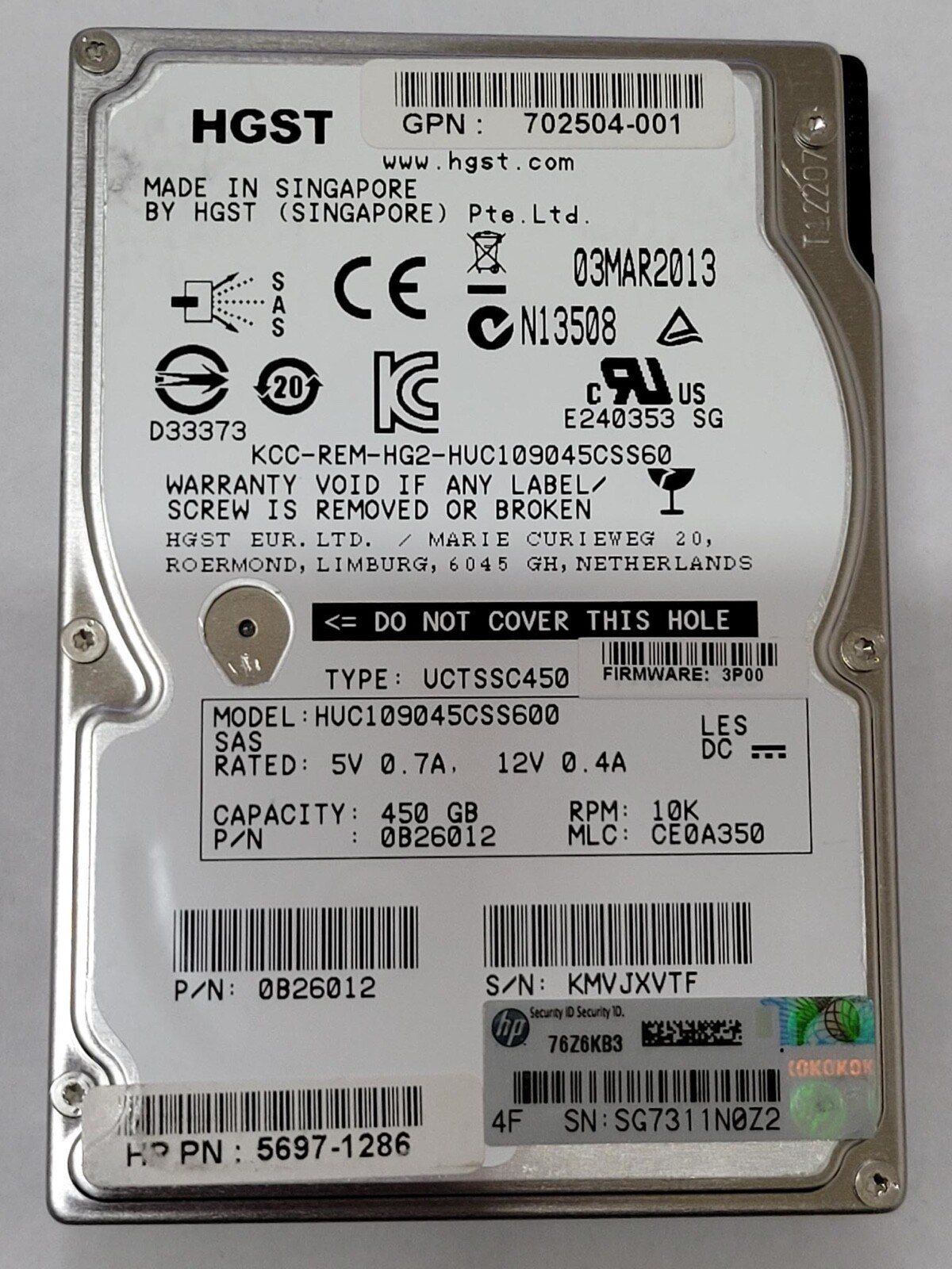 (LOT OF 10) HP / HGST 450GB 10K 2.5″ HDD MODEL: HUC109045CSS600 P/N: 702504-001