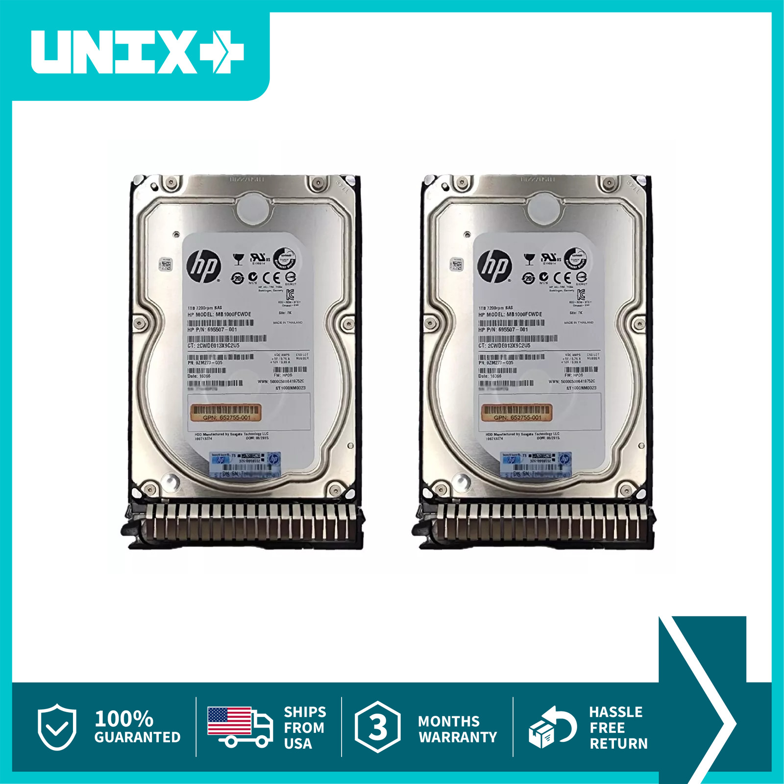 Lot of 2 1TB SAS 695507-01 HP 3.5 Server Hard Drive 7200 RPM for HP Server