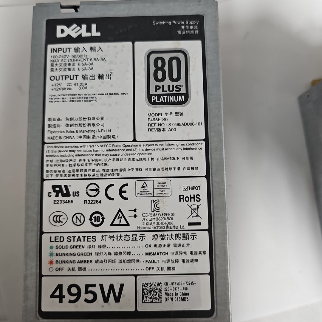 Dell PowerEdge R620 R720 Server 495W Hot-Swap 80+Platinum Power Supply PSU 3GHW3
