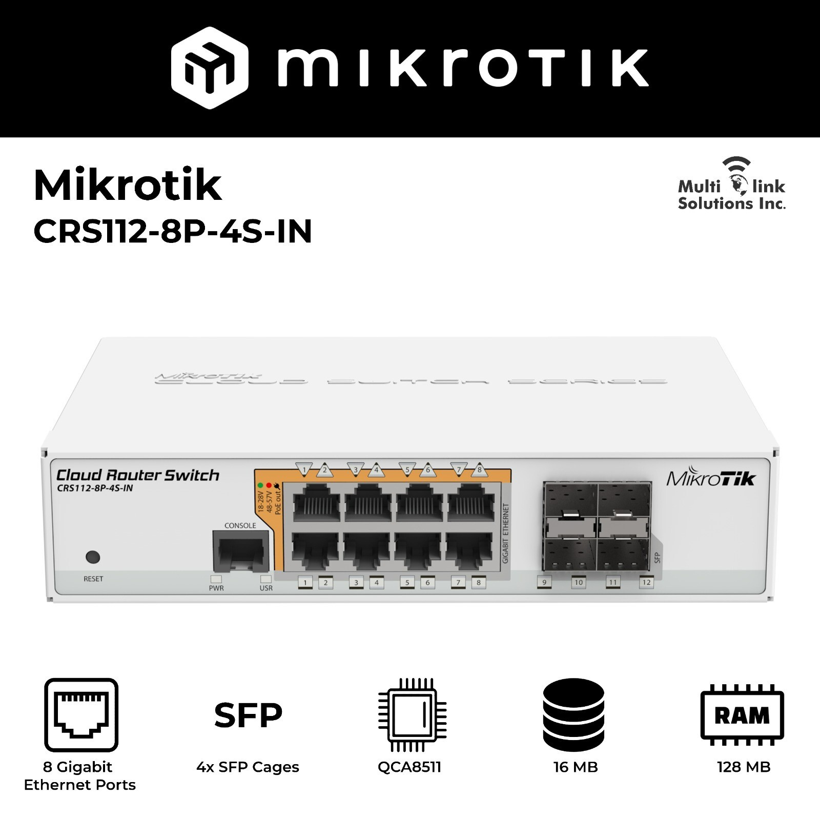 Mikrotik CRS112-8P-4S-IN 8x Gigabit Ethernet Smart Switch with PoE-out, 4x SFP c