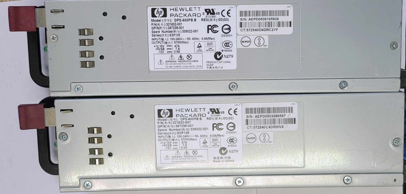Lot of 2 HP DPS-600PB 321632-001 575W Switching Server Power Supply