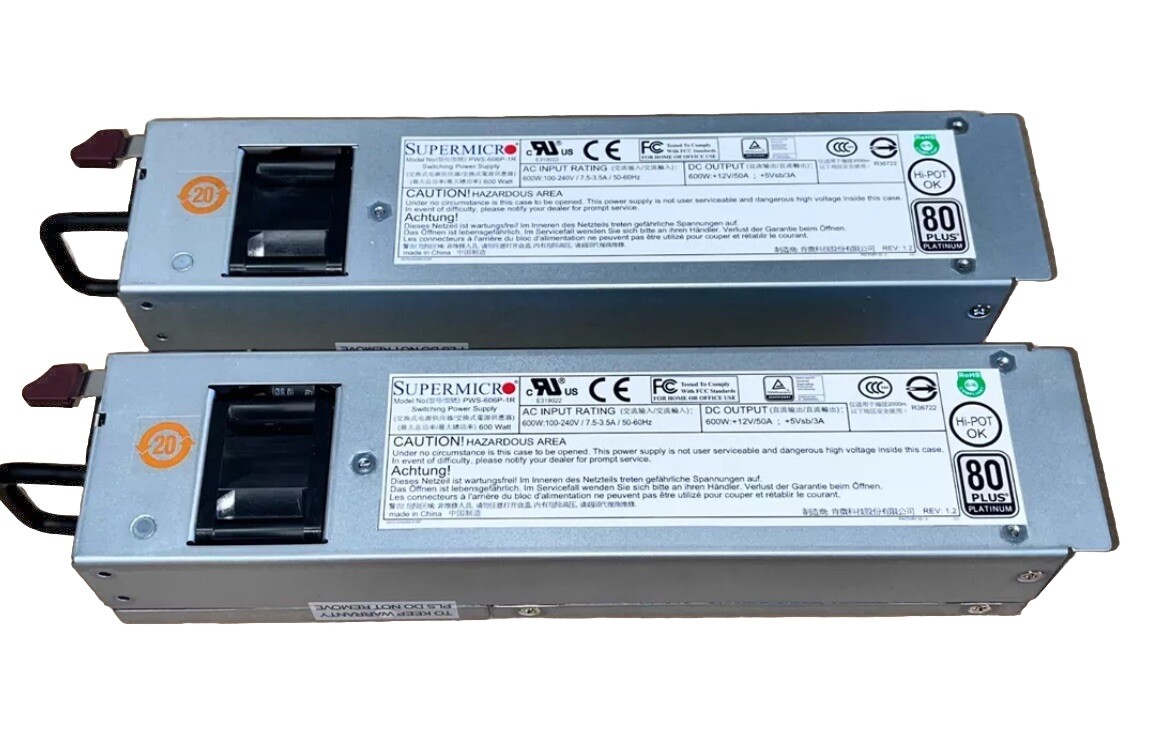 Lot of 2x Supermicro PWS-606P-1R 600W 80+ Platinum Server Power Supply Supplies