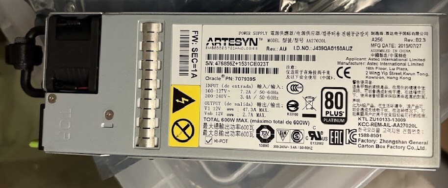 Sun Oracle ARTESYN 600W AC Server Power Supply 7079395 80+ Platinum A256 revB2.3