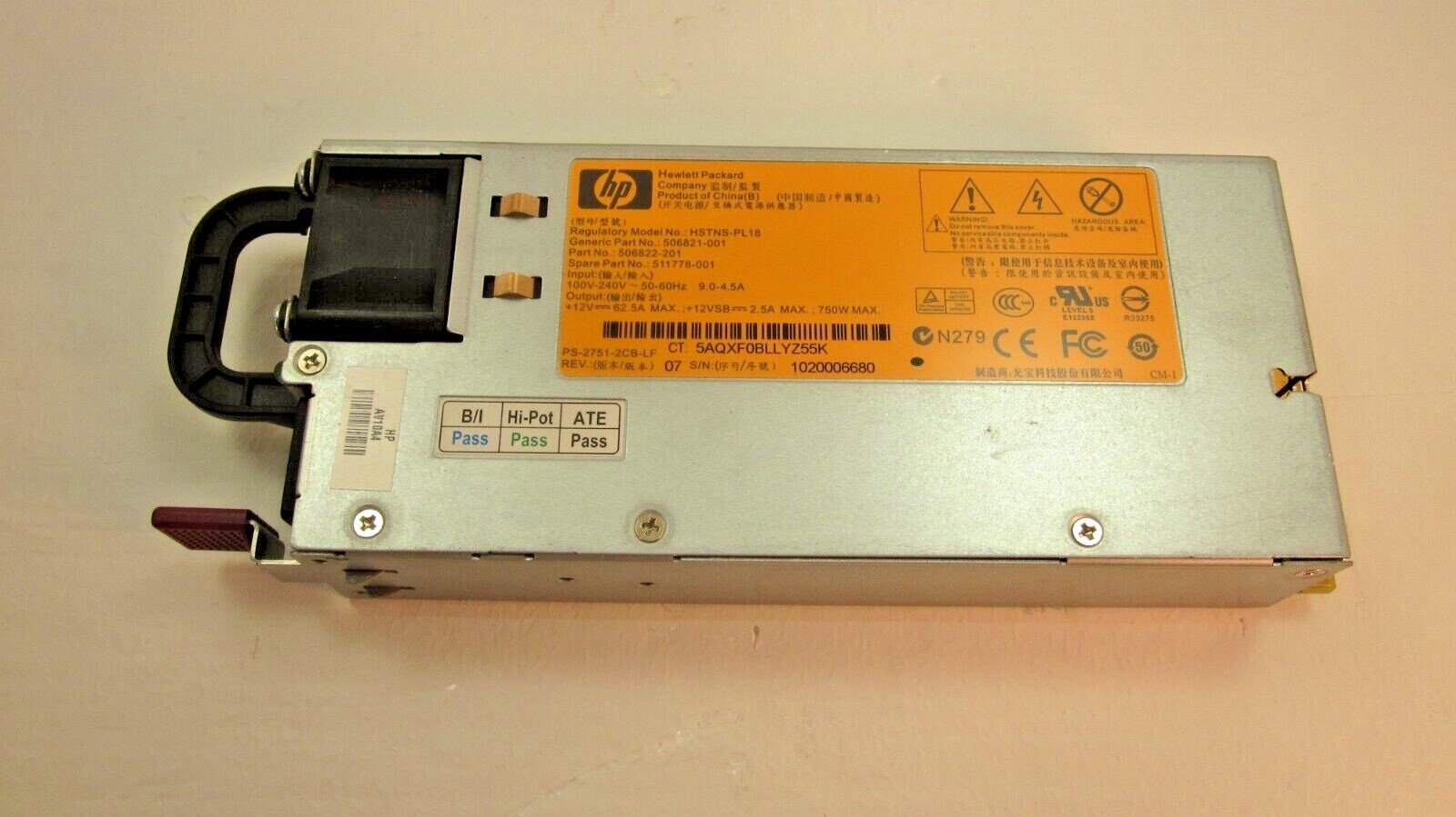 HP 750W Server Power Supply HSTNS-PL18 506822-201 511778-001 Tested Working Pull
