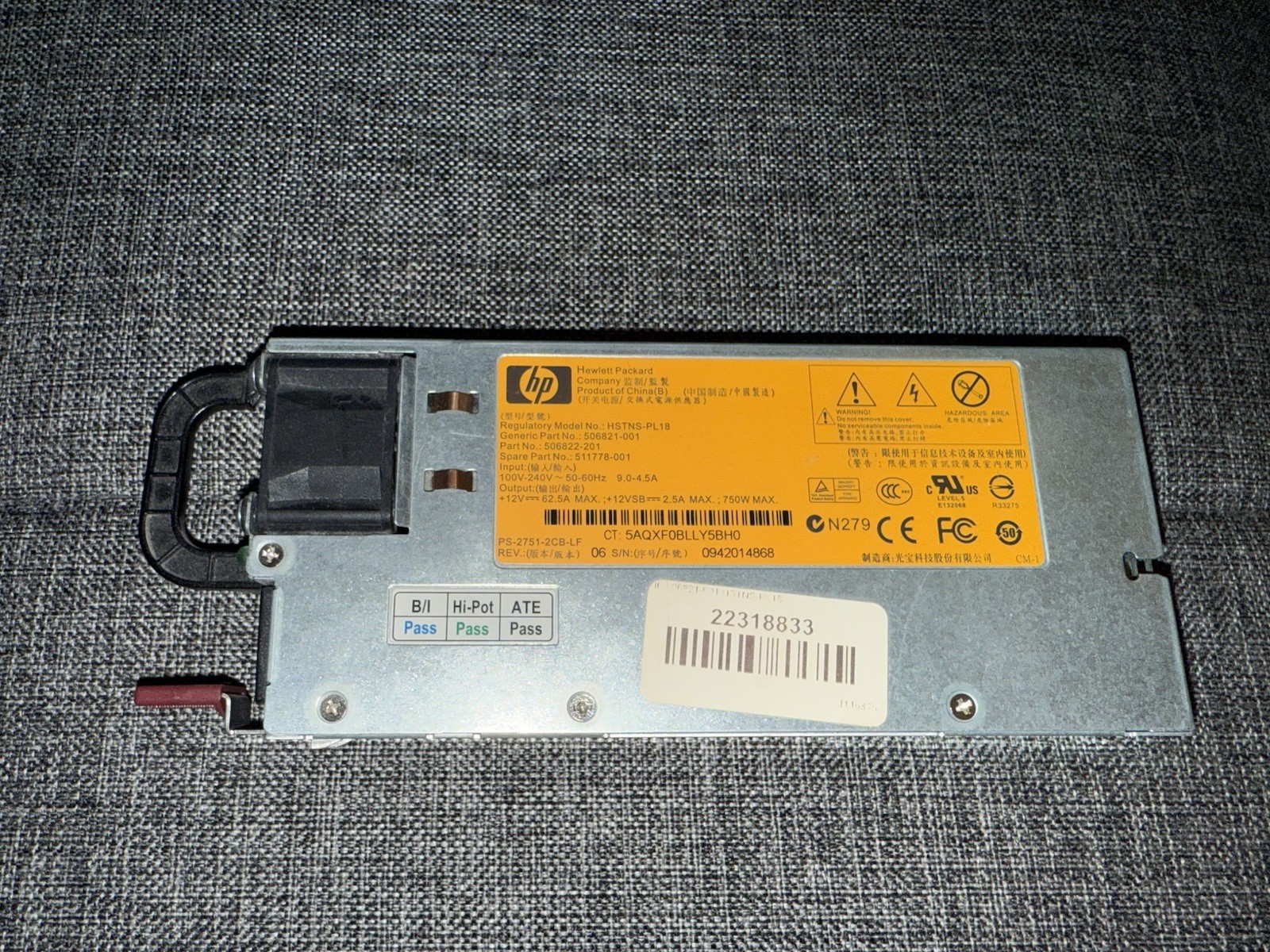 Used HP 750W HSTNS-PL18 506821-001 506822-201 Server Power Supply