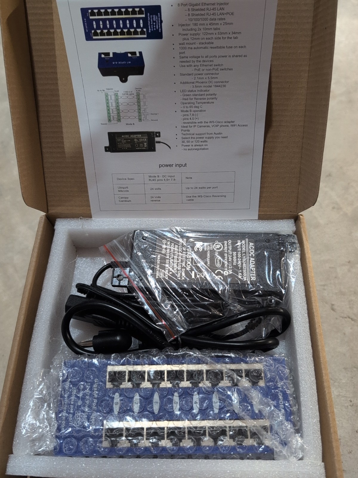 8 Port Gigabit Injector, WiFi-Texas, WT-GPOE-8-24v60w ***NIB***
