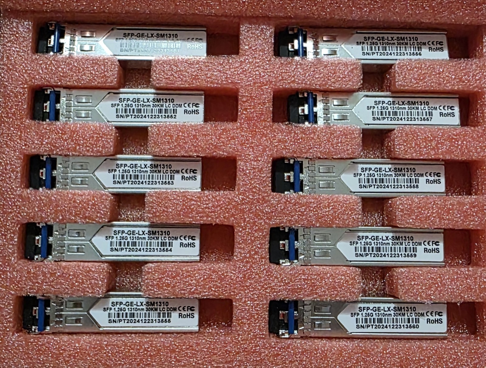 10 Pack 1.25G SFP LC Module 1000Base-LX (SMF,1310nm,20km,DDM) New In Box