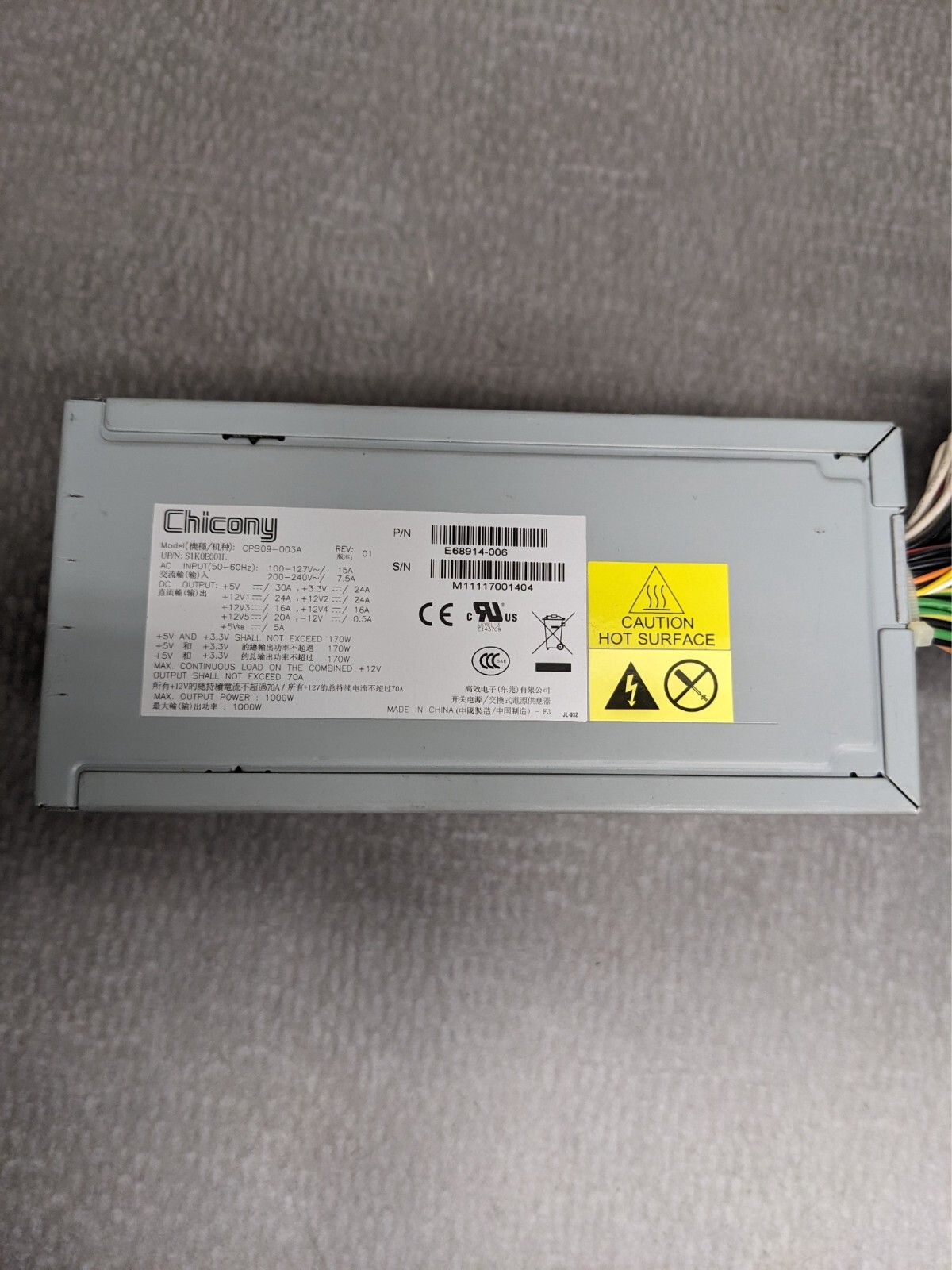 ** Chicony 1000W Server Power Supply CPB09-003A S1K0E001L E68914-006 Intel