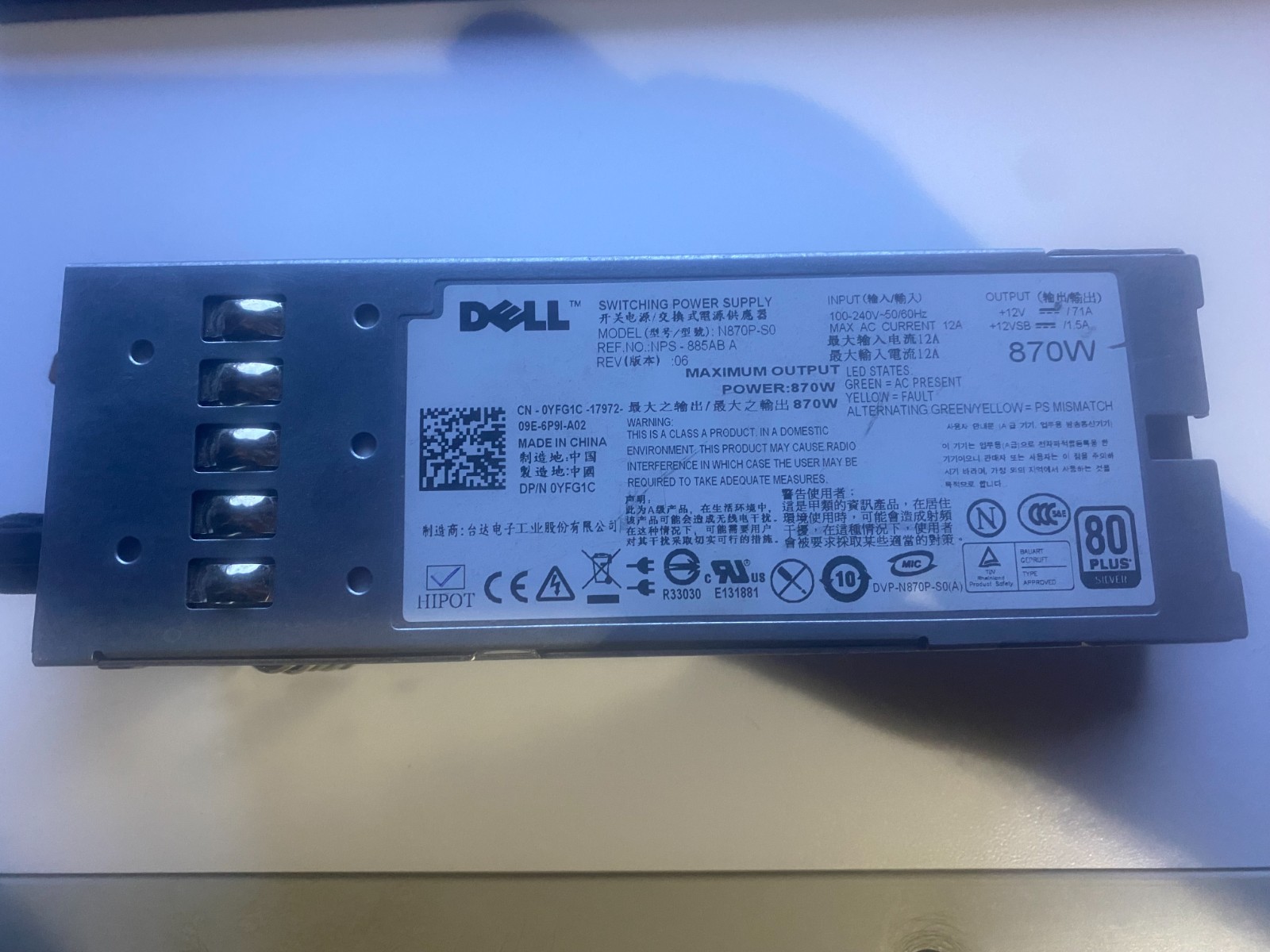 Dell Poweredge Server R710 T610 870W Hot Swap Power Supply YFG1C 0YFG1C