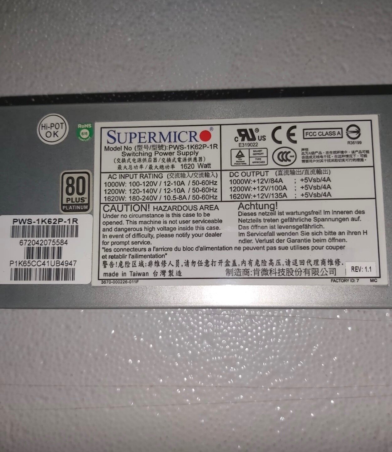 Supermicro PWS-1K62P-1R 1620W Server Power Supply 80 plus platinum