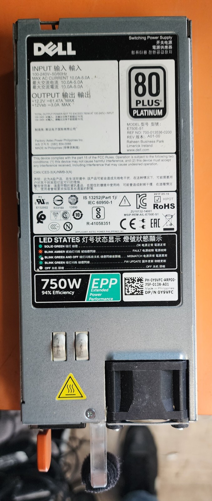 Dell PowerEdge Rx30 Series Server 750W Power Supply E750E-S1 Y9VFC – Tested
