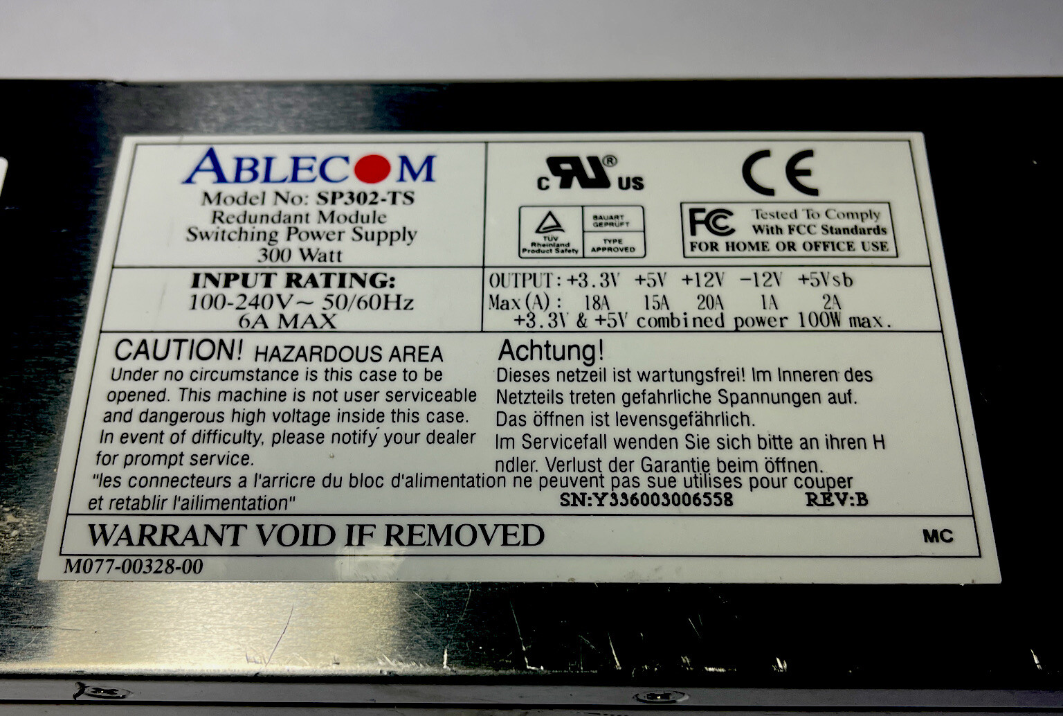Ablecom SP302-TS Redundant Module Switching Server Power Supply 300W