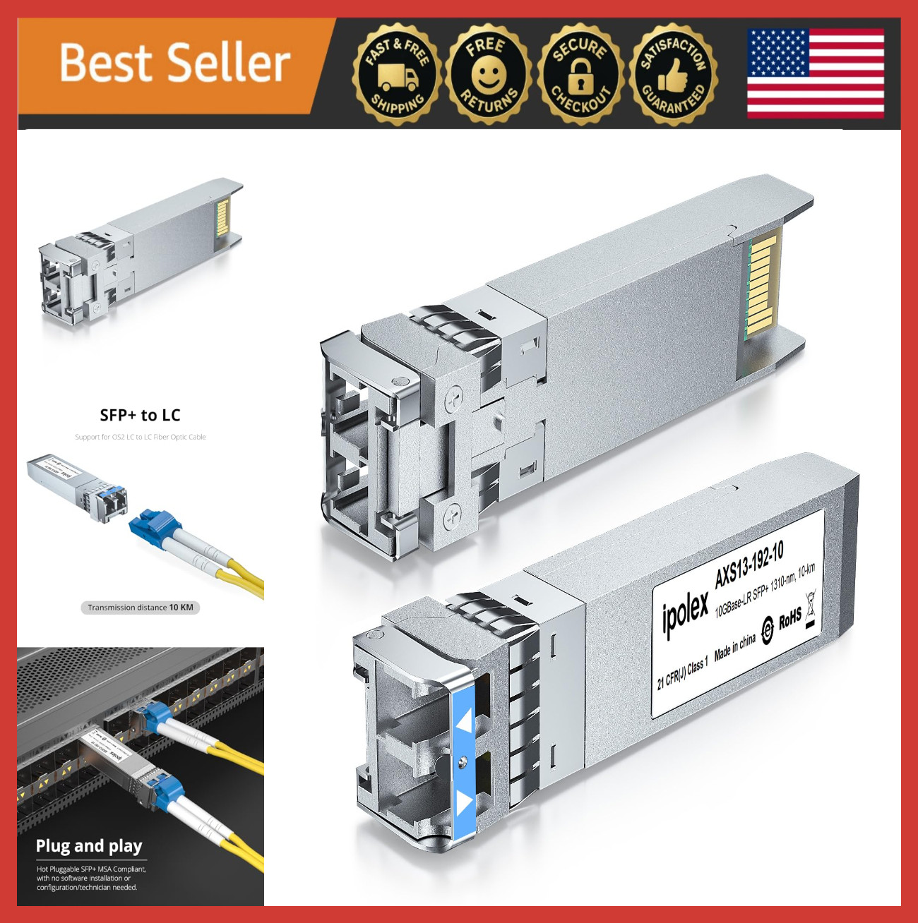 10G SFP+ LC 1310nm Fiber Optic Transceiver Module, Singlemode 10KM 2Pack