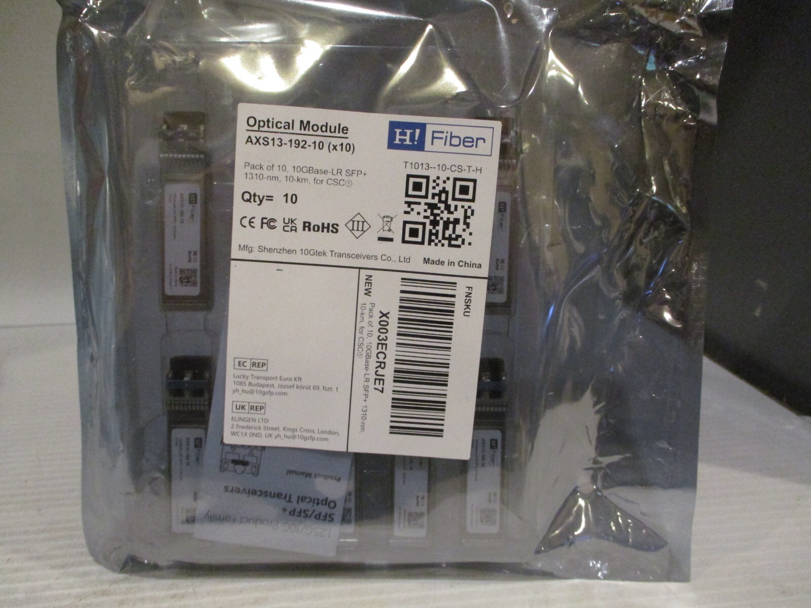 10GBase-LR SFP+ Transceiver, 10G 1310nm SMF SingleMode Fiber Optic Module 10 Pak