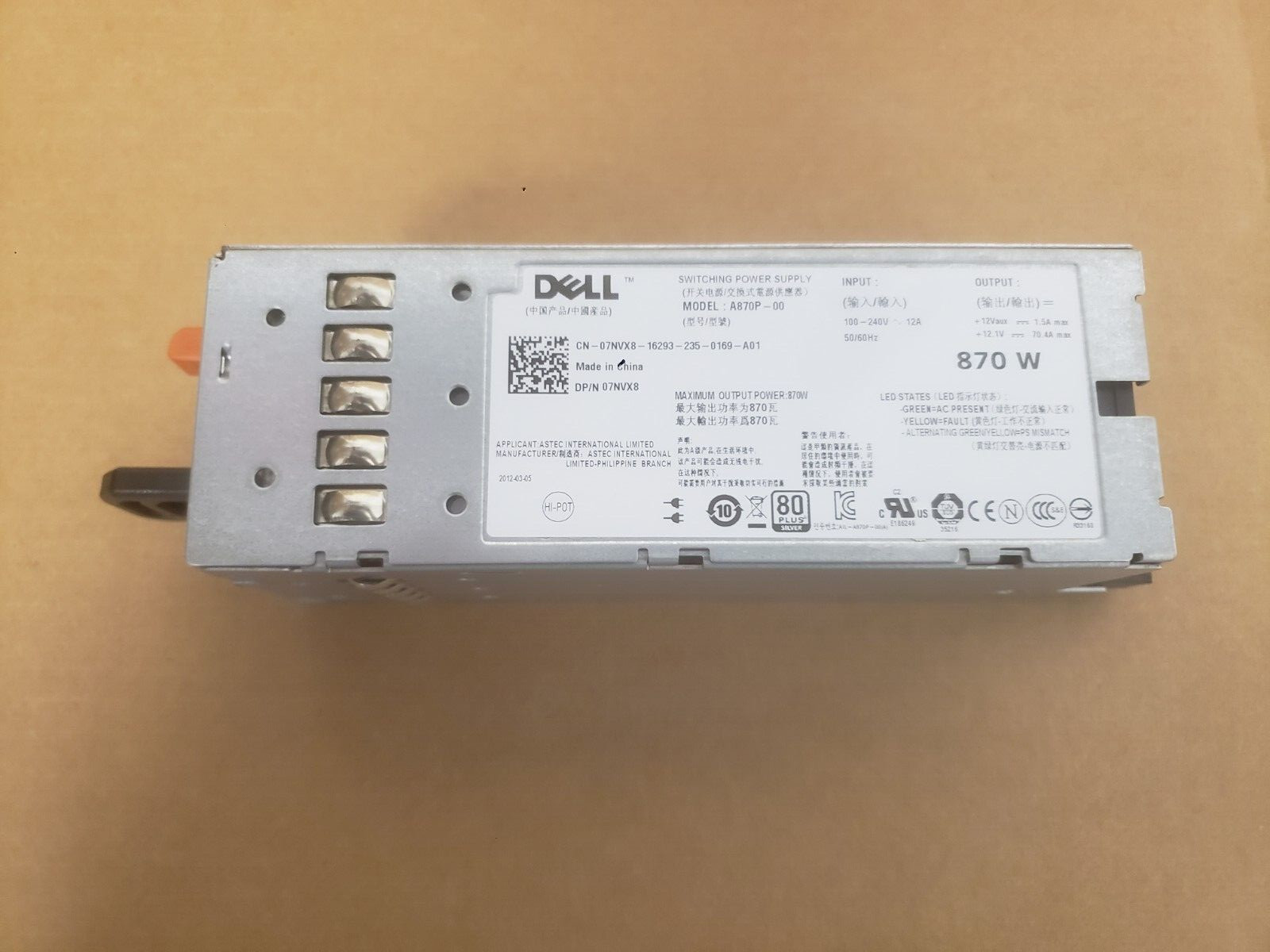 *NEW* Dell PowerEdge 870W Server Power Supply Model A870P-00 7NVX8 07NVX8