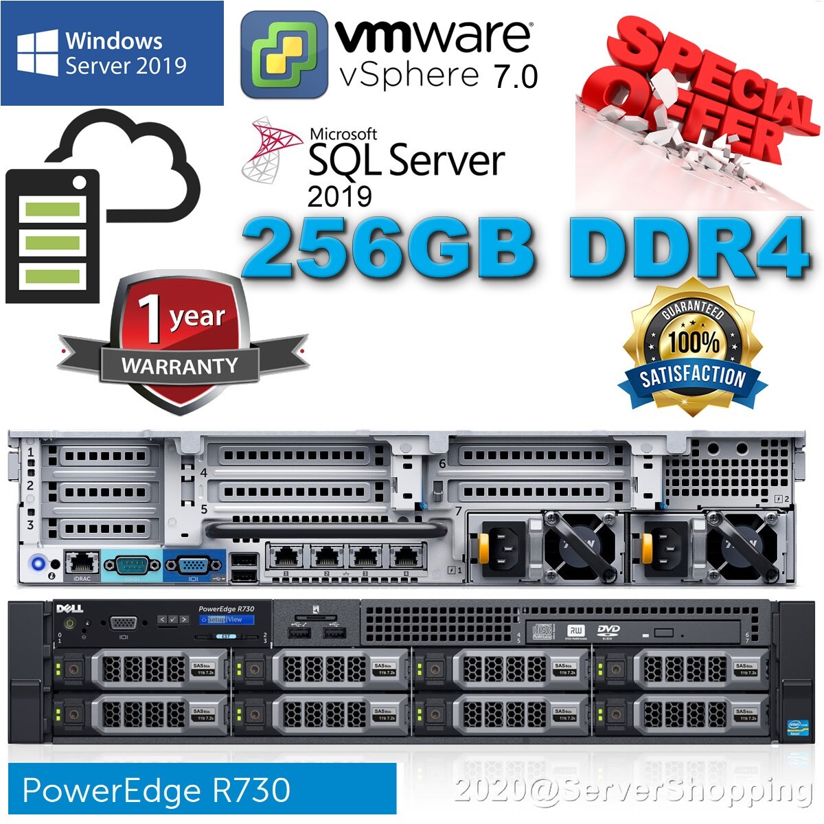 Dell PowerEdge R730 LOT 36-Core E5-2697v4 256GB DDR4 3.84TB SSD + 48TB SAS 3.5″