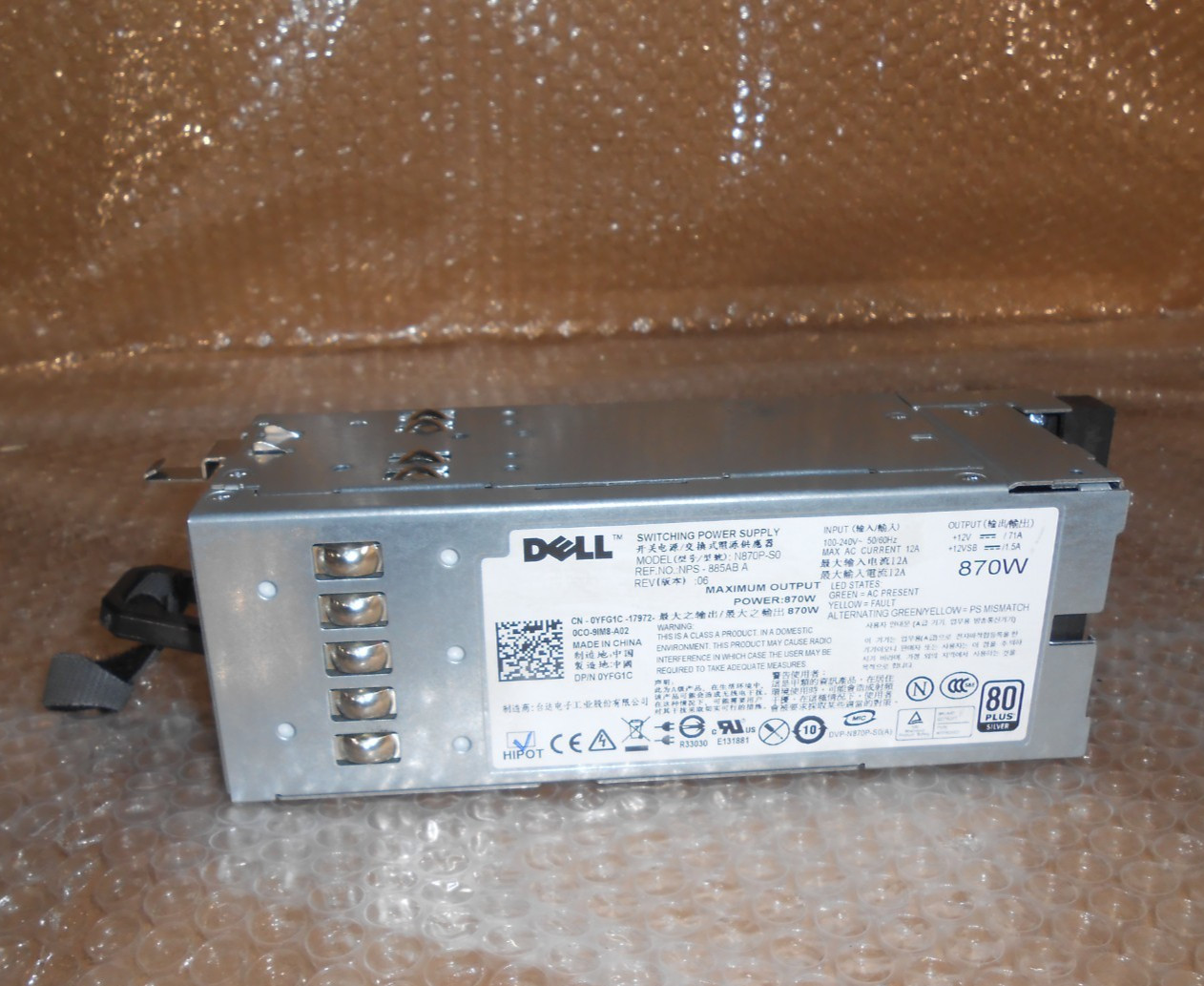 Dell PowerEdge 870W Server Power Supply N870P-S0 DP/N 0YFG1C 07NVX8 A870P-00
