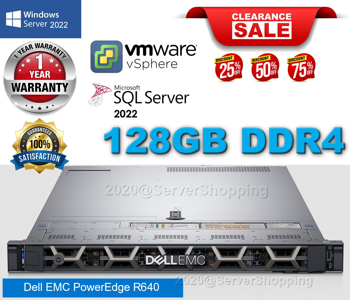 Dell PowerEdge R640 2x Xeon Gold 6138 20-Core 128GB RAM NO DISKS, 4x CADDIES