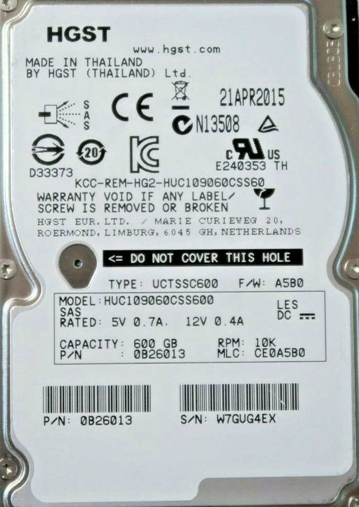 Lot of 4 Hitachi 600gb,10000rpm,6Gbps,2.5″ SAS (HUC109060CSS600) Server HDD’s