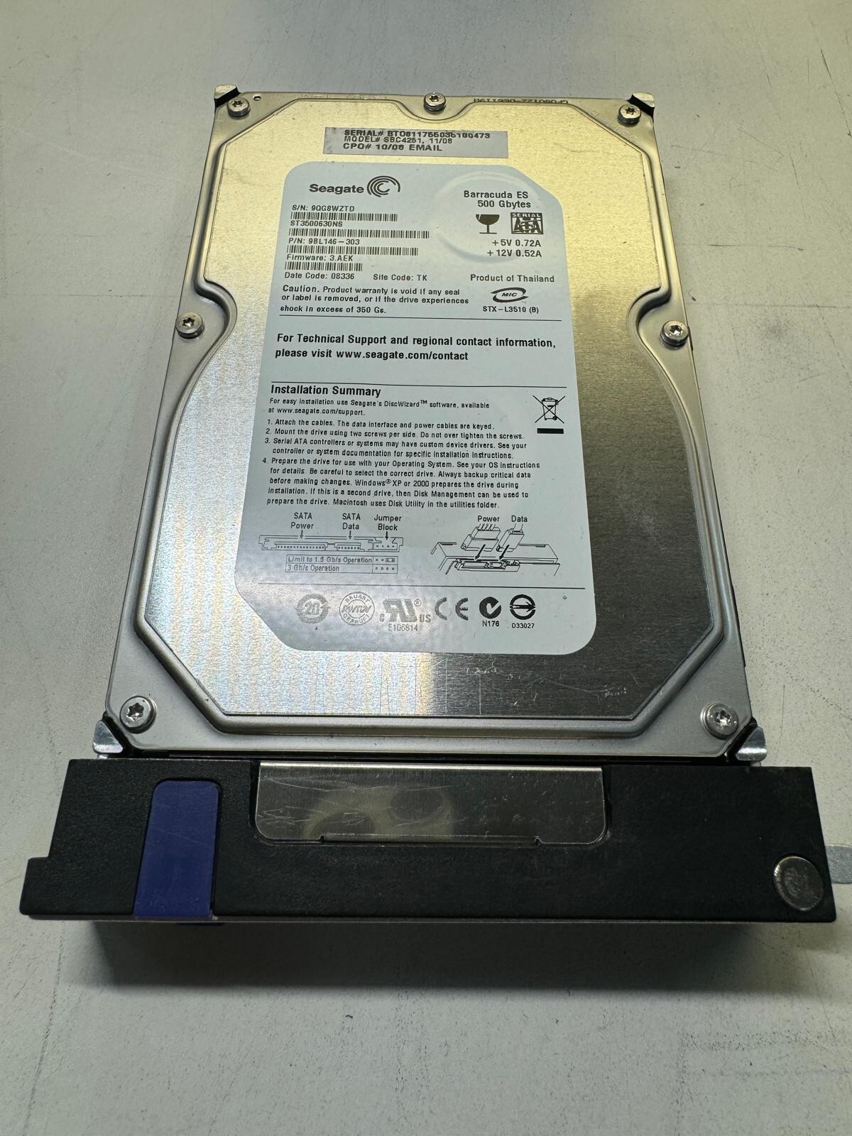 SEAGATE ST3500630NS 9BL146-303 500GB FW 3.AEK Date Code 08336 SATA 3.5″ HDD