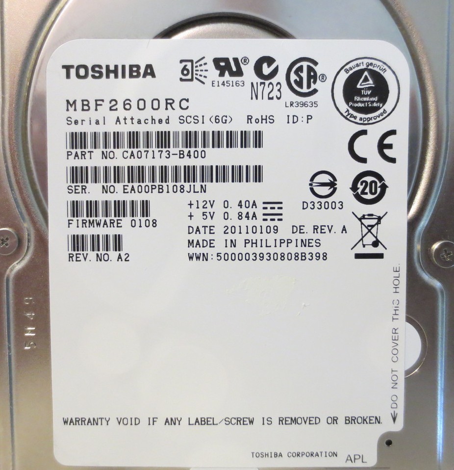 Lot of 4 Toshiba 600gb,Internal,10000rpm,6Gbps,2.5″ SAS (MBF2600RC) Server HDD’s