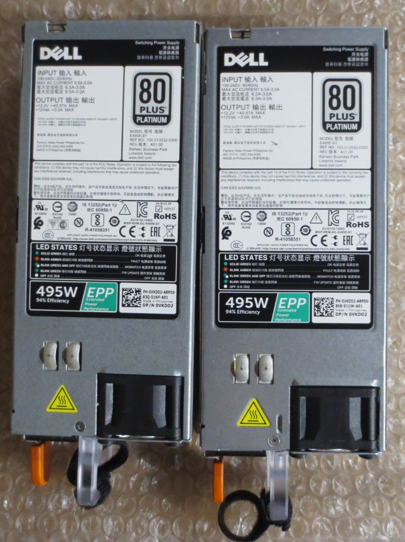 LOT OF 2 Dell PowerEdge 0VKDD2 E495E-S1 495W EPP 80+Platinum Server Power Supply