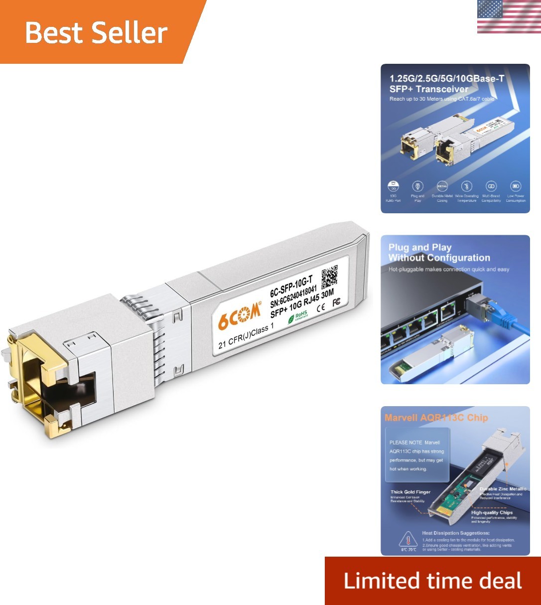 1.25G/2.5G/5G/10GBase-T SFP+ Transceiver, 10G SFP+ to RJ45 Copper Module, CAT…