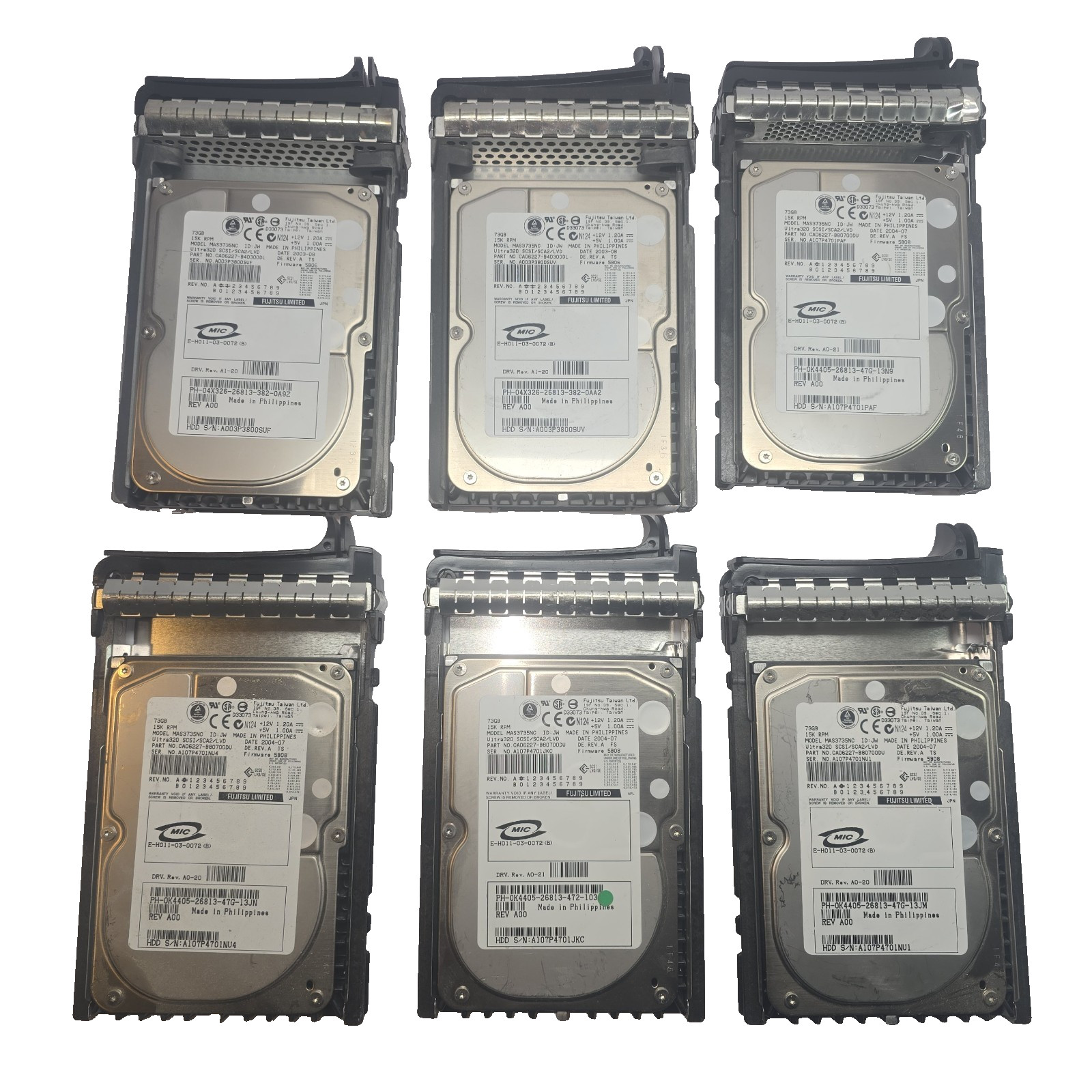 Lot of 6 Fujitsu 73GB 15k Ultra320 SCSI 3.5″ Server Hard Drives w/ Caddies