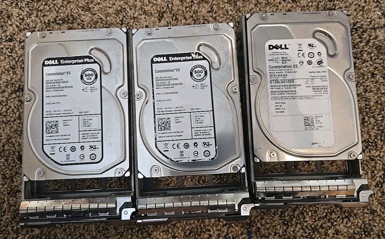 Lot of 3 Dell 500GB 3.5” SAS Enterprise Server Hard Drives w/ Caddies – Untested