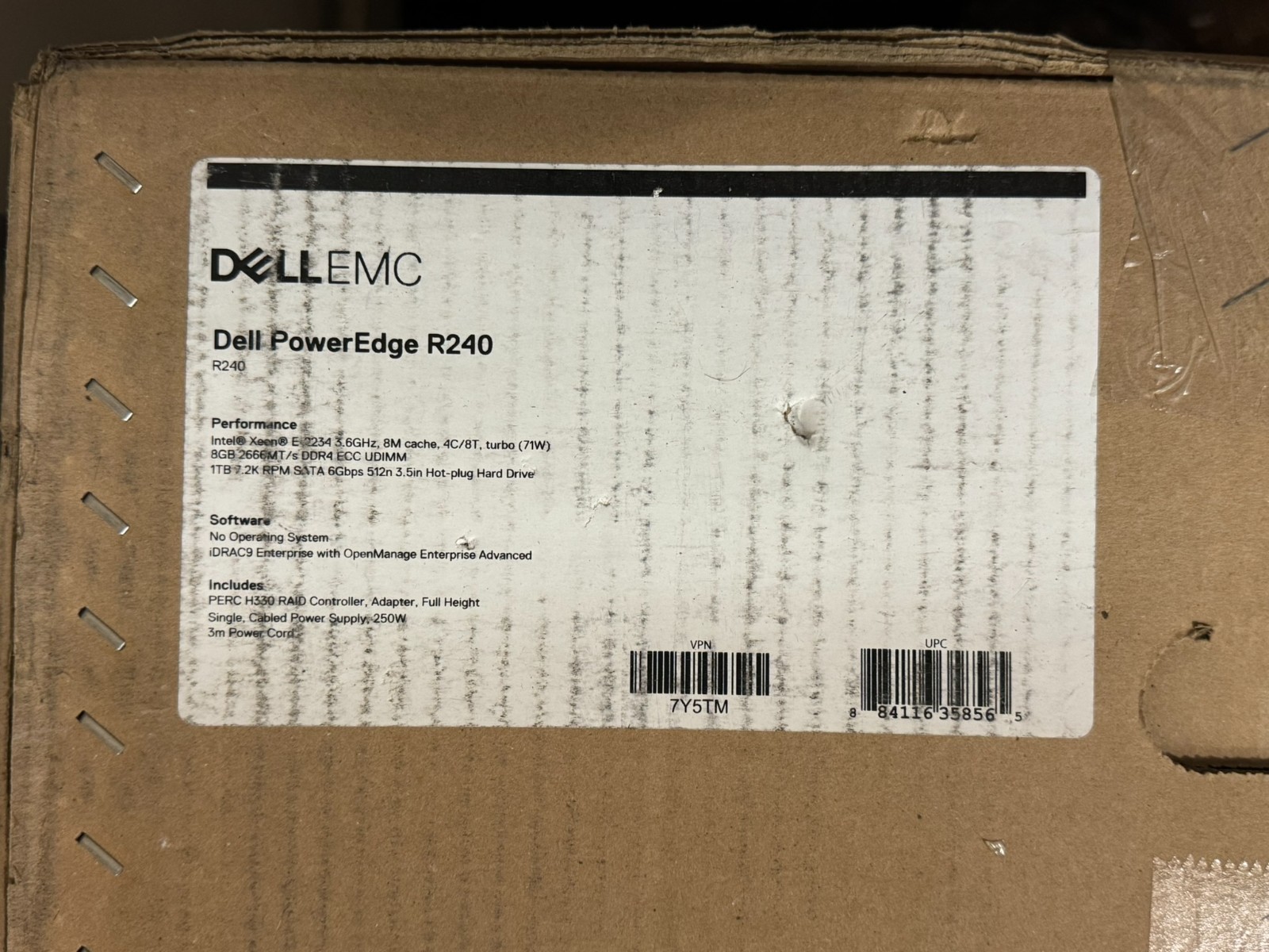 Dell PowerEdge R240 Intel Xeon E2234 3.6GHz 4C/8T 8GB DDR4 RAM 1TB 7.2K SATA HDD