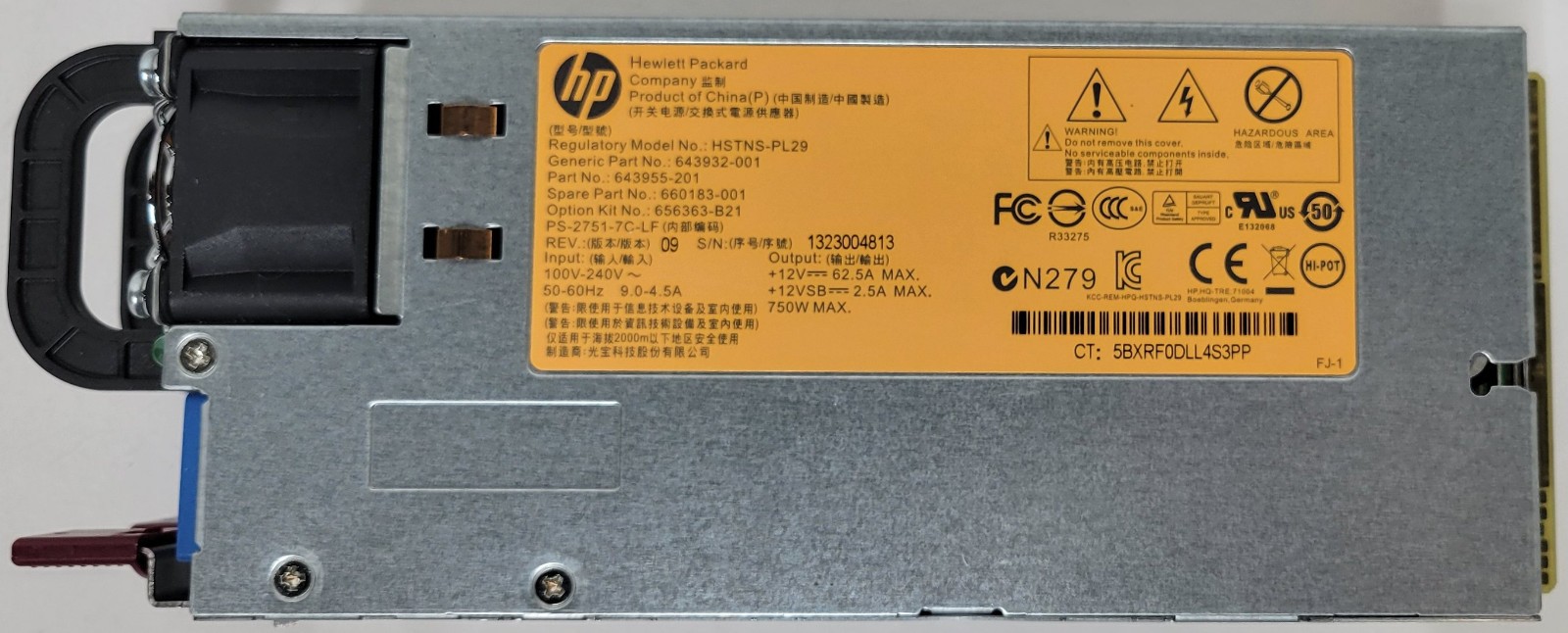 Lot of 2x HP HSTNS-PL29 750W Switching Hot Swap Power Supply 643932-001