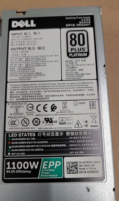 Lot of 2 Dell 1100W 80 Plus Platinum EPP Server Power Supply